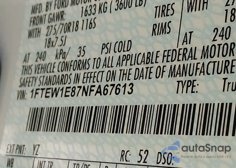 2022 Ford F-150 Tremor z USA, uszkodzony, nr VIN 1FTEW1E87NFA67613